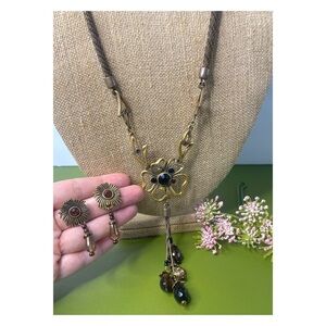 Chico’s Matte Gold Toned Floral Pendant Tassel Rope Chain Necklace w/ Earrings